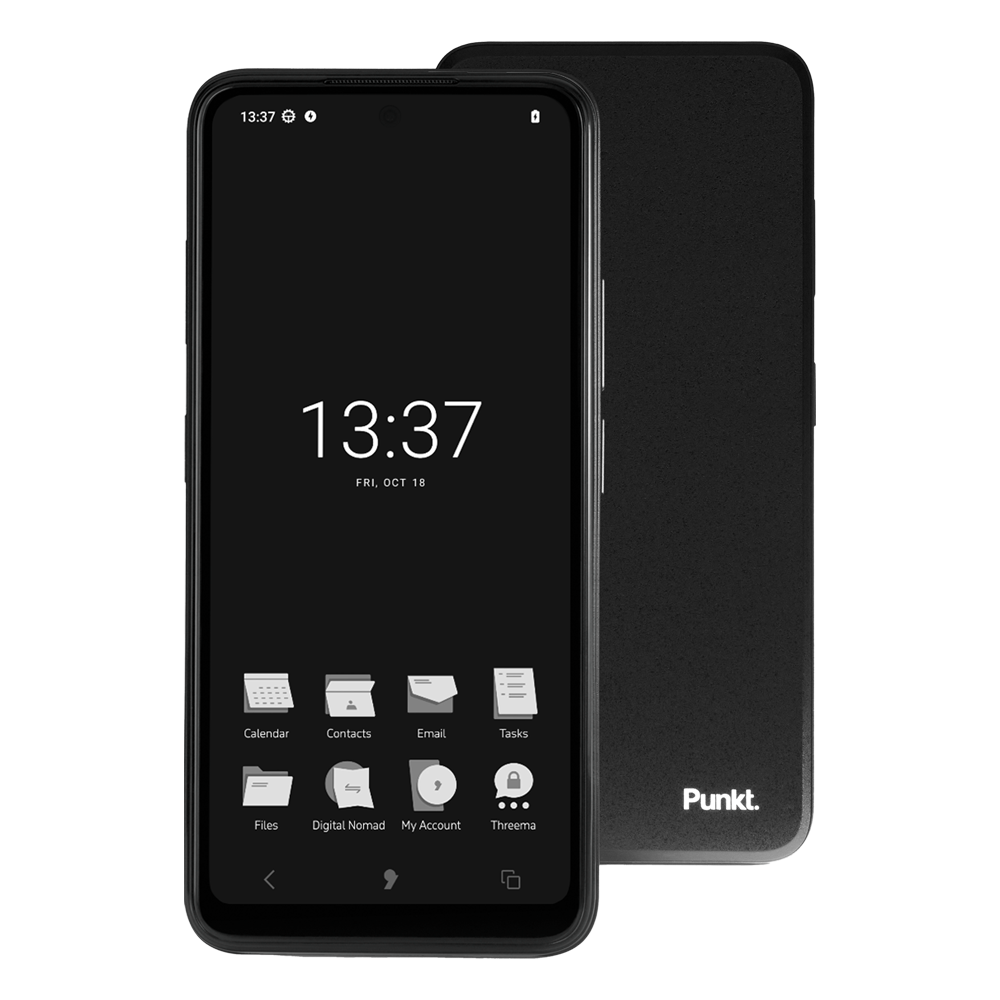 Punkt MC02 smartphone with domus on the screen and punkt. logo on the back