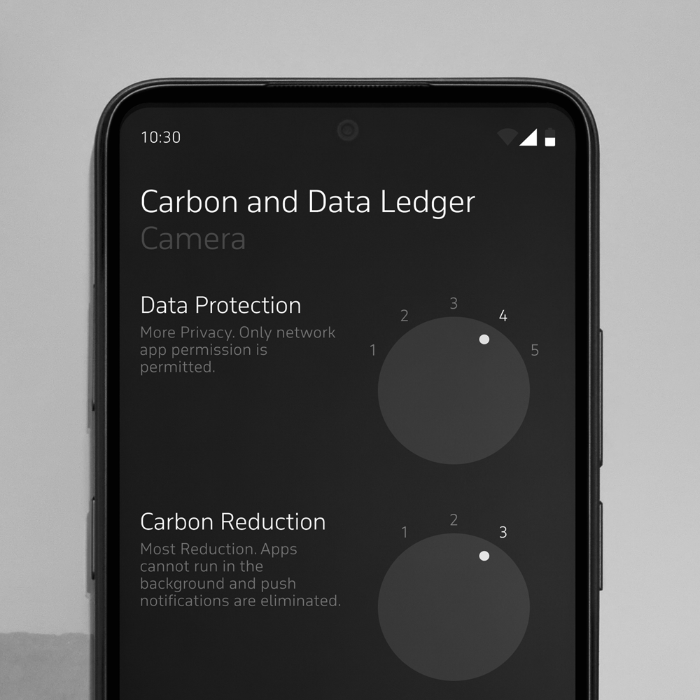 carbon and data ledger on mc02 smartphone with apostrophy