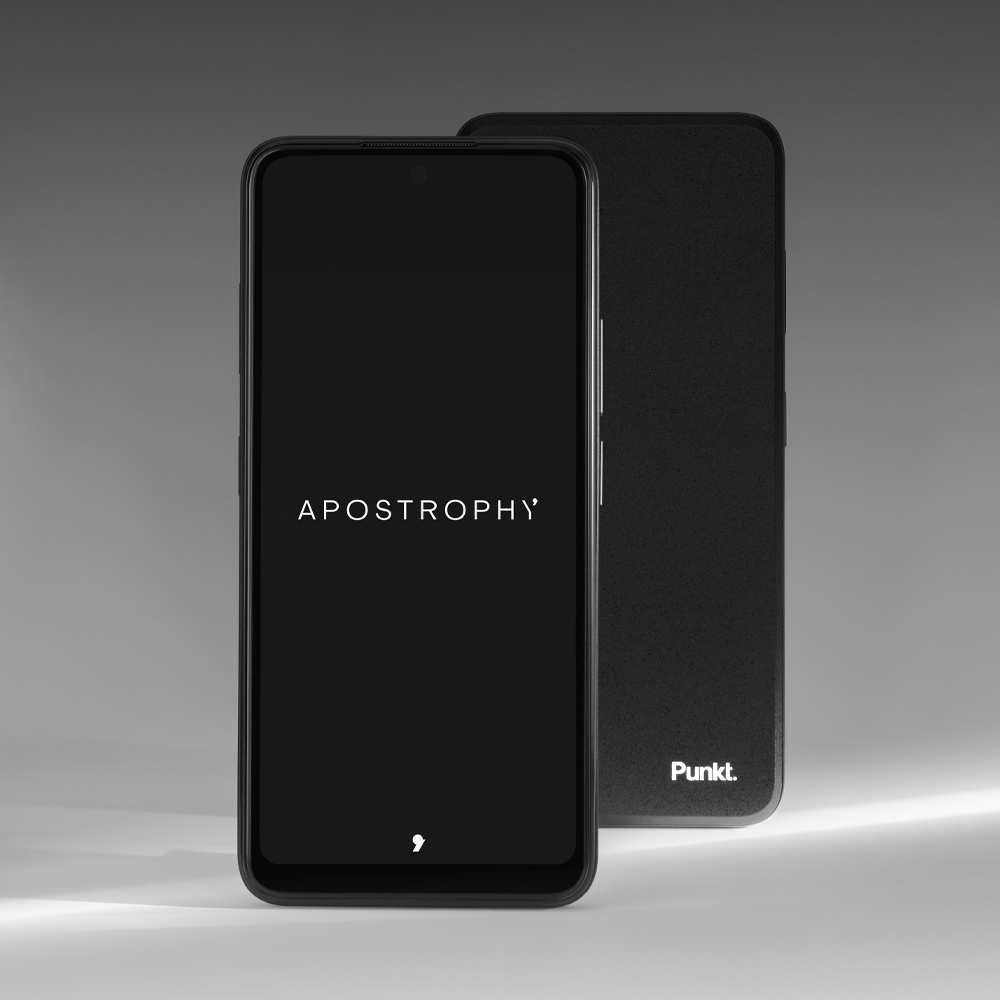 punkt MC02 smartphone front back with Punkt and apostrophy logos